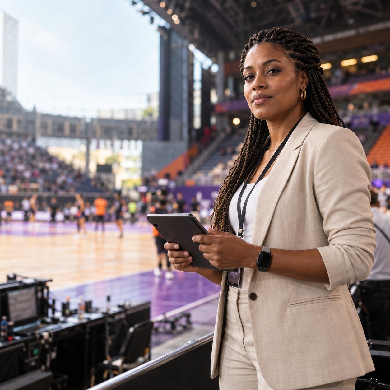 Mulher de blazer claro, com tablet e credencial, olha para a câmera na lateral de uma quadra com arquibancada ao fundo.