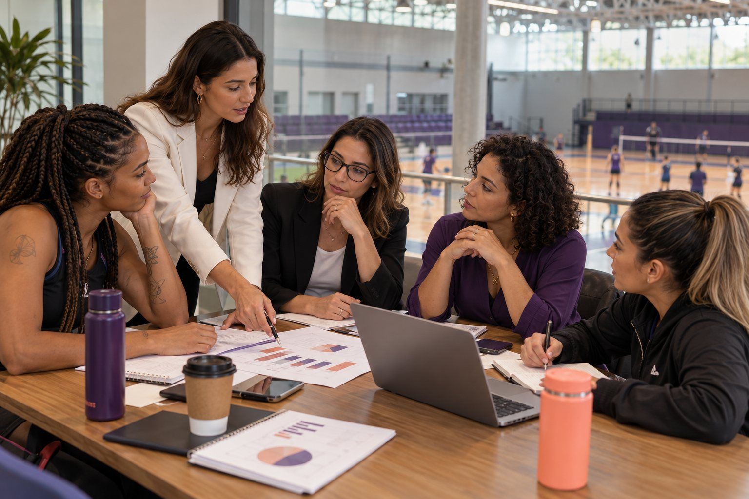 Cinco mulheres analisam gráficos e anotações em uma mesa de trabalho; ao fundo, uma quadra esportiva.