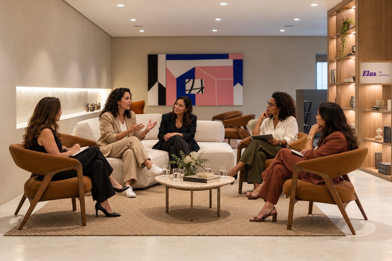 Cinco mulheres conversam em roda, sentadas em poltronas e sofá, em uma sala com estante de madeira.