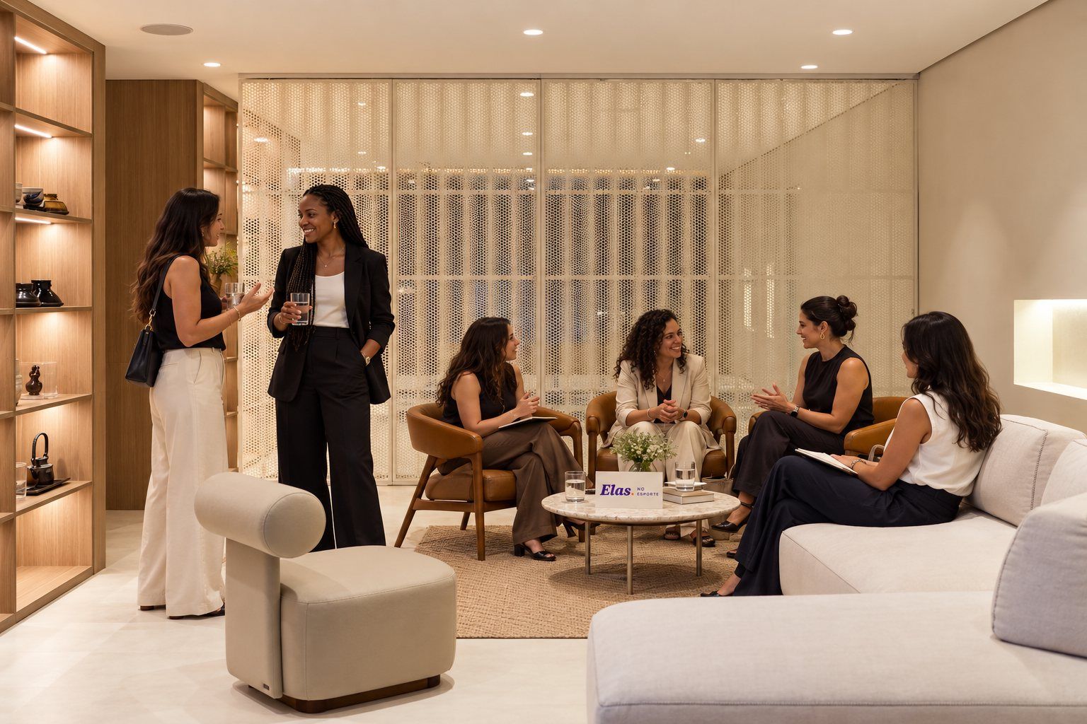 Mulheres conversam em pequenos grupos, em pé e sentadas, em uma sala de convivência.